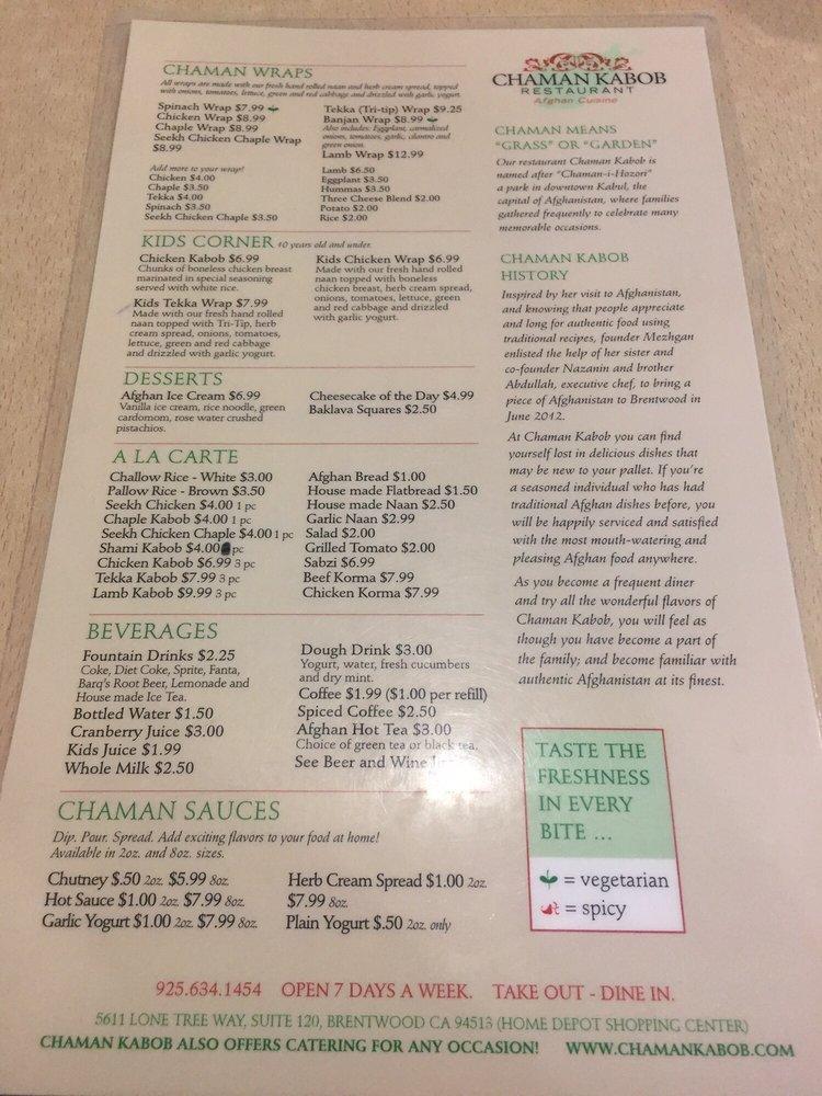 Menu at Chaman Kabob Restaurant, Brentwood