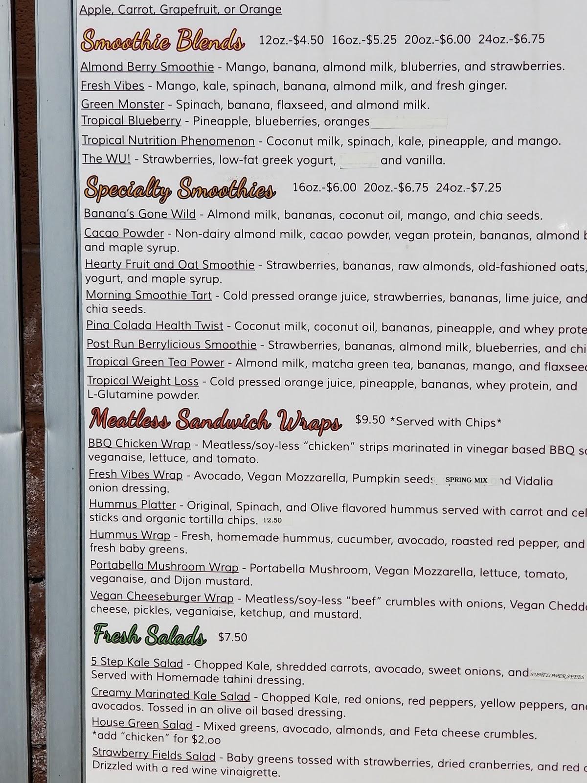 Menu at Vibes Juice Bar & Cafe (Fresh Vibes Juice Bar), Rock Hill