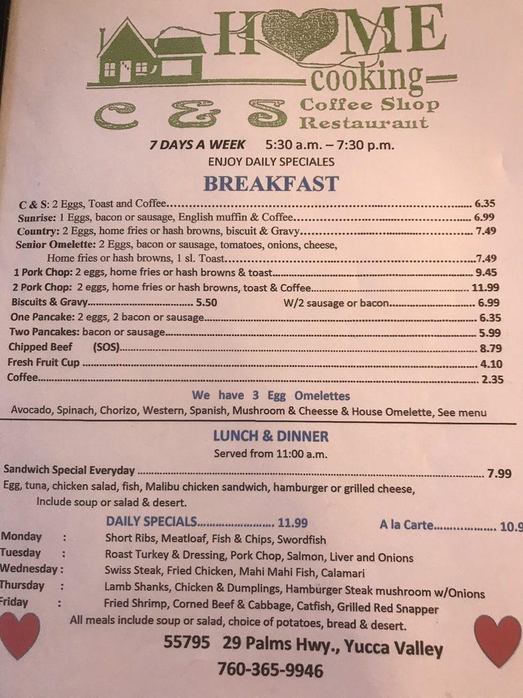 Menu at C & S Coffee Shop restaurant, Yucca Valley