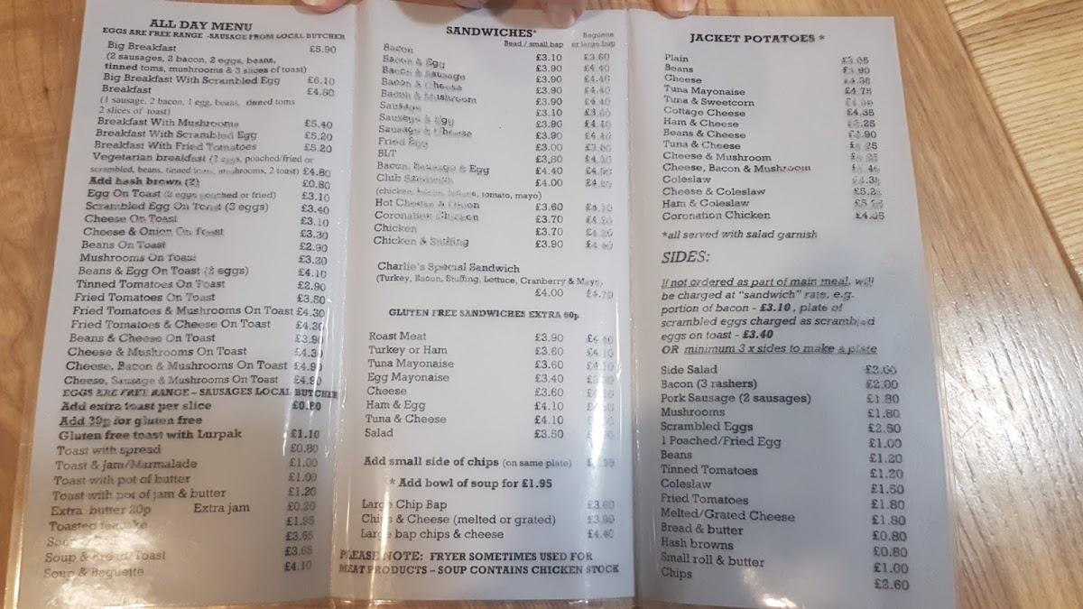 Menu at Charlie's Cafe, Northwich
