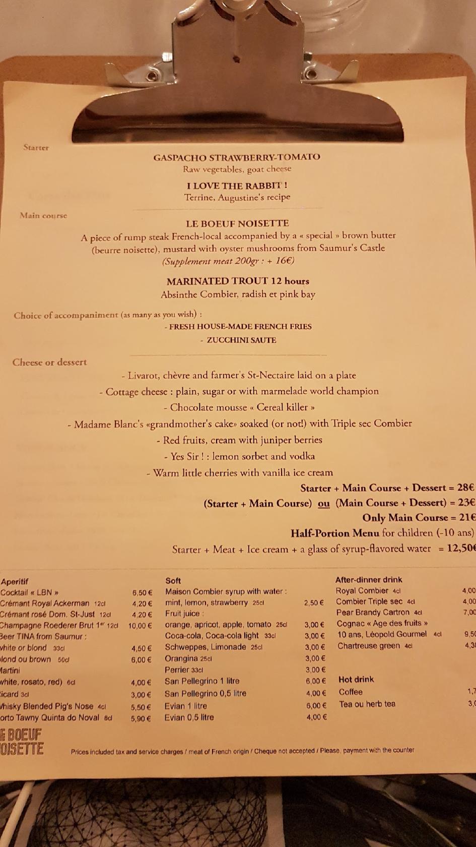 Menu Au LE BOEUF NOISETTE Restaurant Saumur