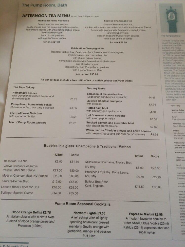 Menu at The Pump Room Restaurant, Bath
