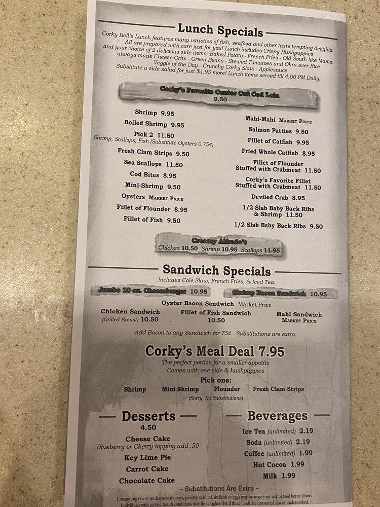 Menu at Corky Bell's Seafood & Steaks steakhouse, Fleming Island