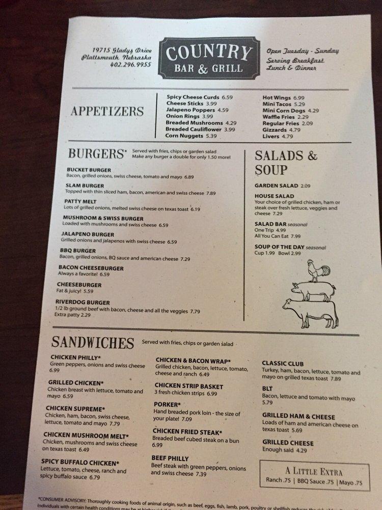 Menu at Country Bar & Grill, Plattsmouth, Gladys Dr