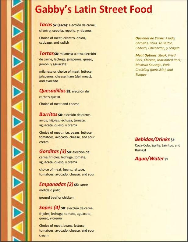 Menu at Gabby's Latin Street Food restaurant, DeLand