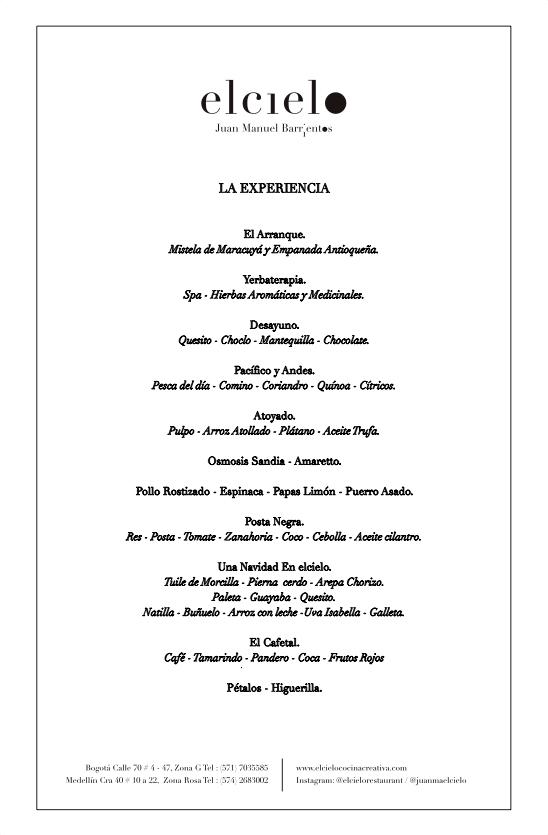 Menu at Restaurante El Cielo, Medellín