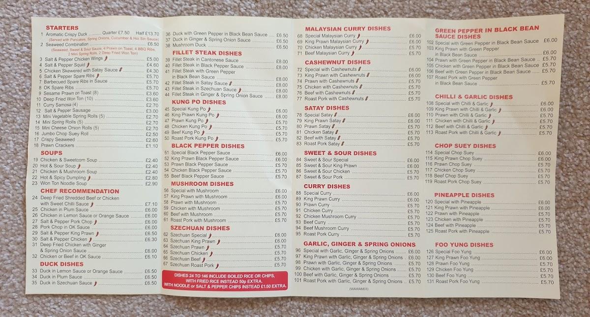 Menu at Wang Wang Chinese Takeaway, Manchester