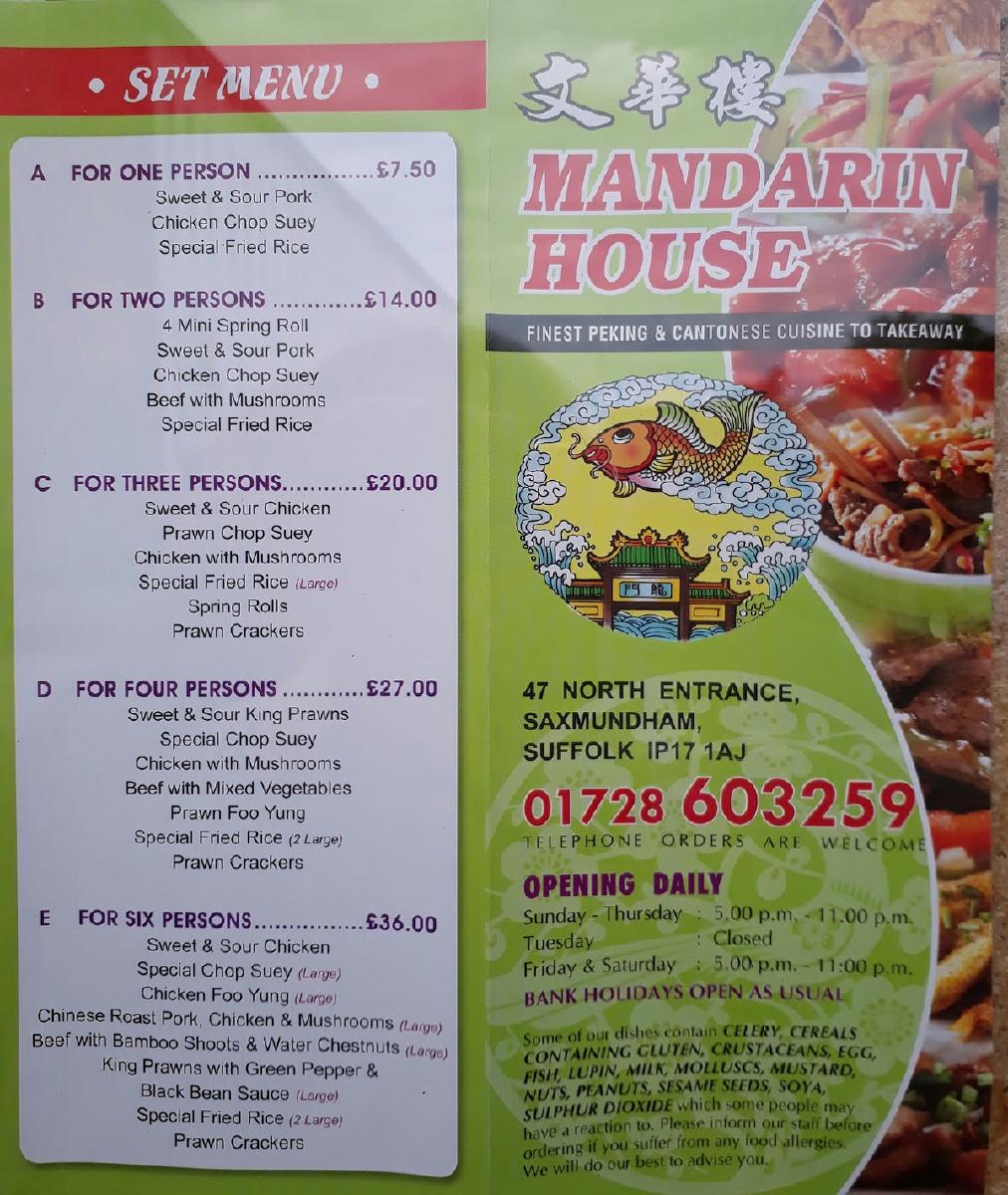 Menu at Mandarin House fast food, Saxmundham