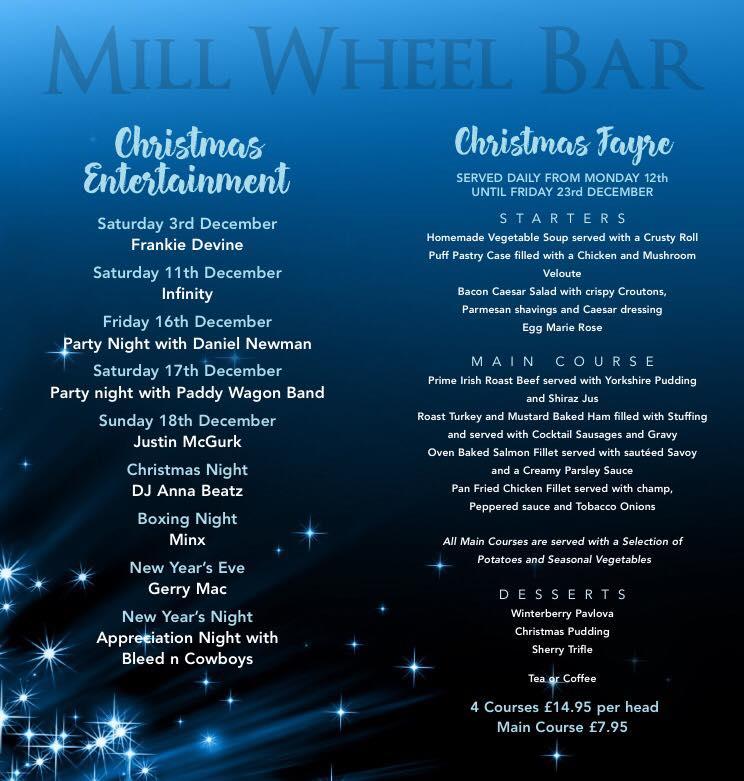 Menu at The Mill Wheel Bar, England