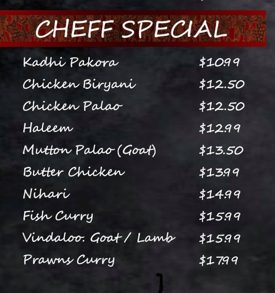 Menu at Flaming Karachi restaurant, East Cannington