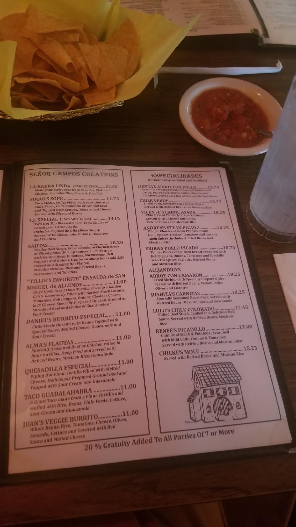 Menu at Señor Campos restaurant, La Habra