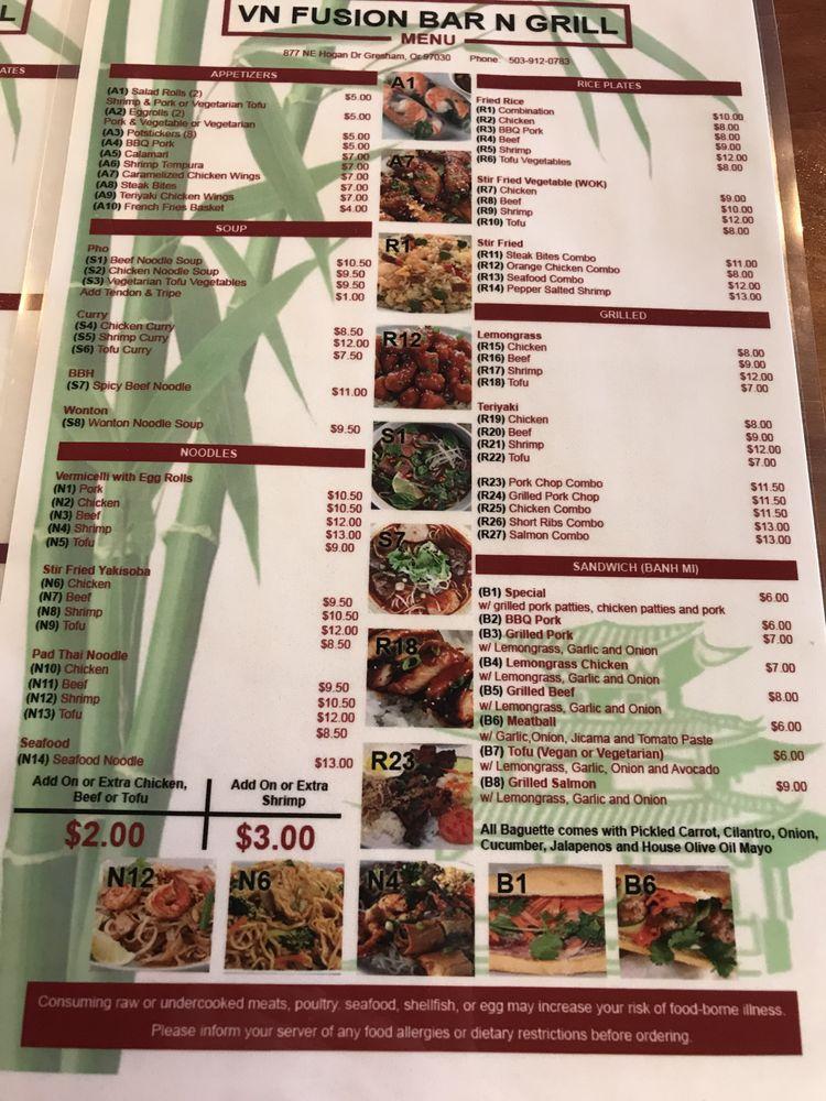 Menu at VN Fusion Bar N Grill, Gresham