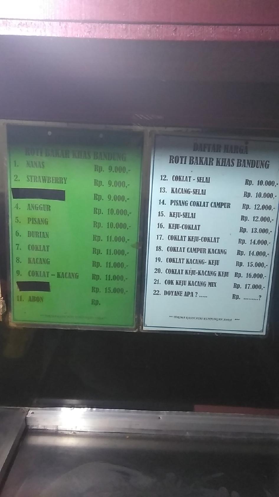 Menu at Roti Bakar Bandung, Wonosari