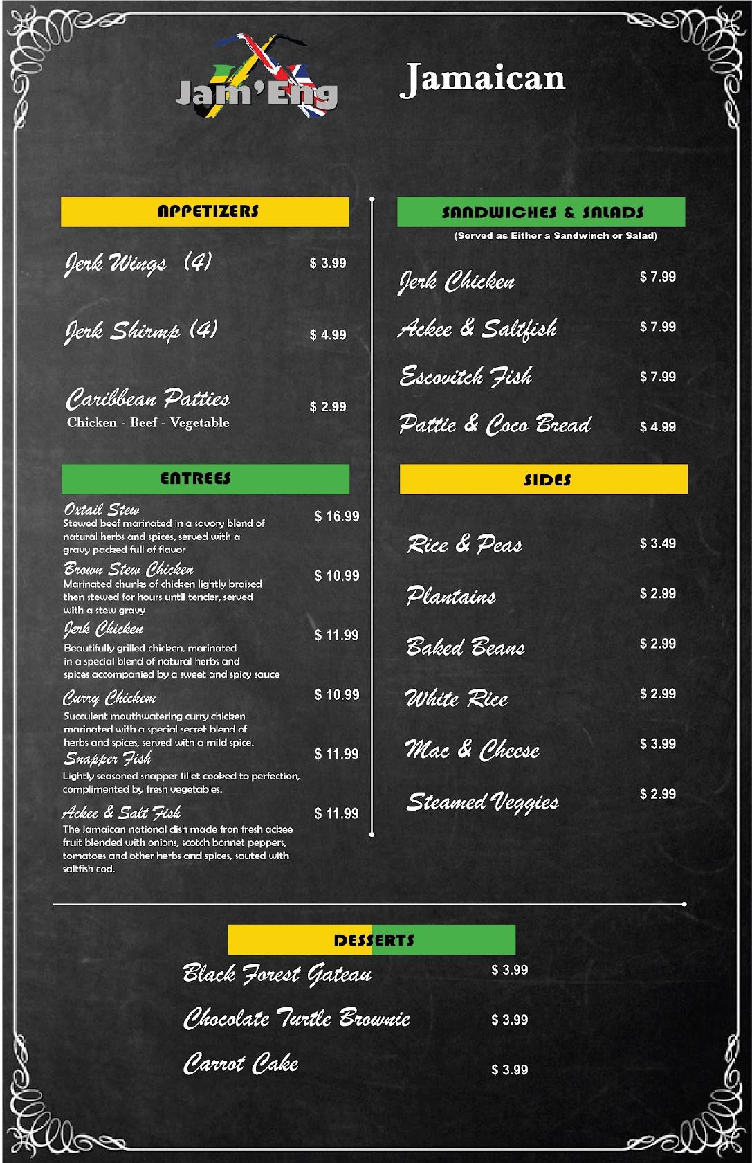 Menu at JamEng Caribbean And English Cuisine pub & bar, Orlando