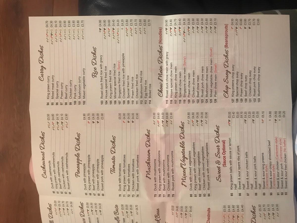 Menu at Miramar Chinese minster restaurant, Sheerness, 4 High St