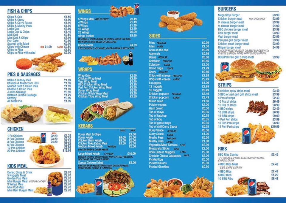 Menu at Leons Chippy restaurant, Derby