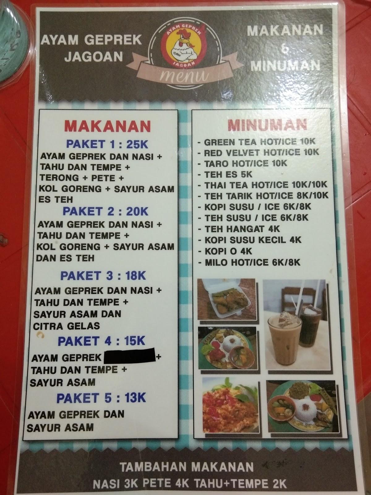 Menu at Ayam Geprek Jagoan restaurant, Indonesia