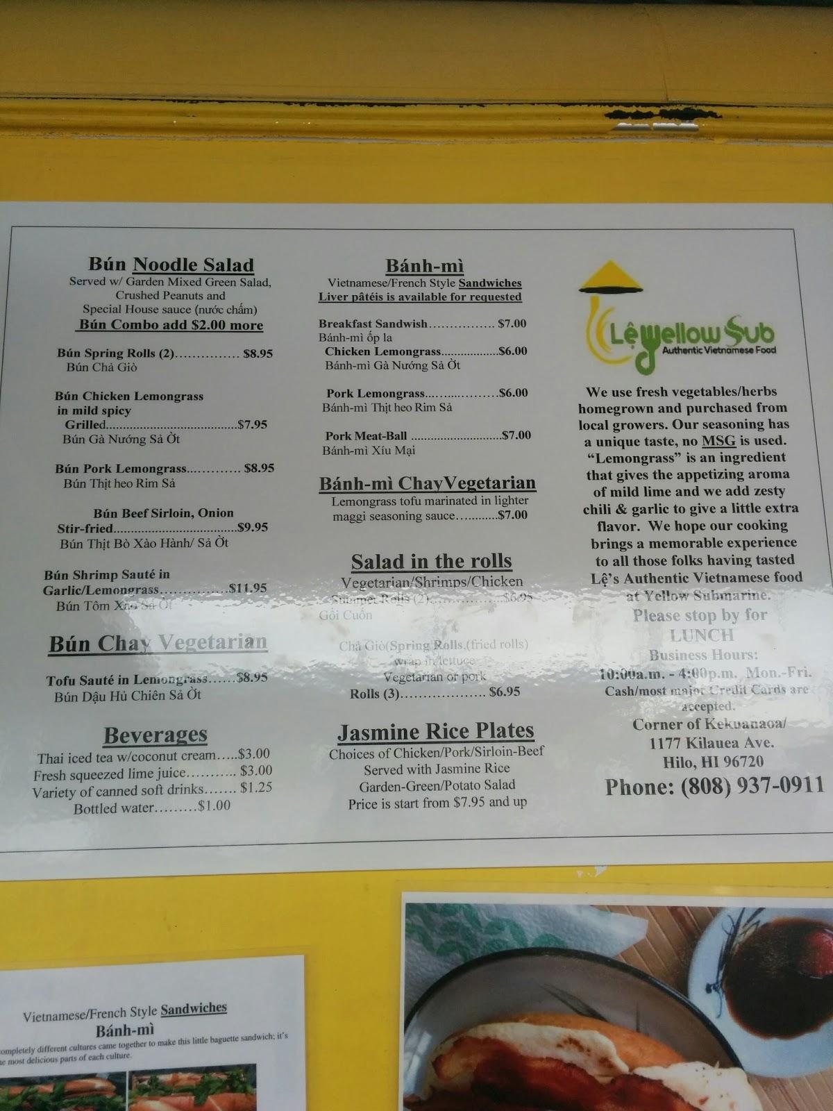 Menu at Le Yellow Sub restaurant, Hilo, 213 Kalanianaole St