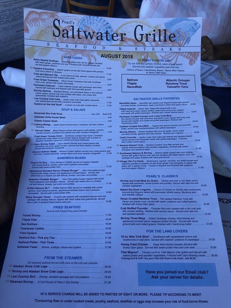Menu at Pearl's Saltwater Grille steakhouse, Savannah, La Roche Ave
