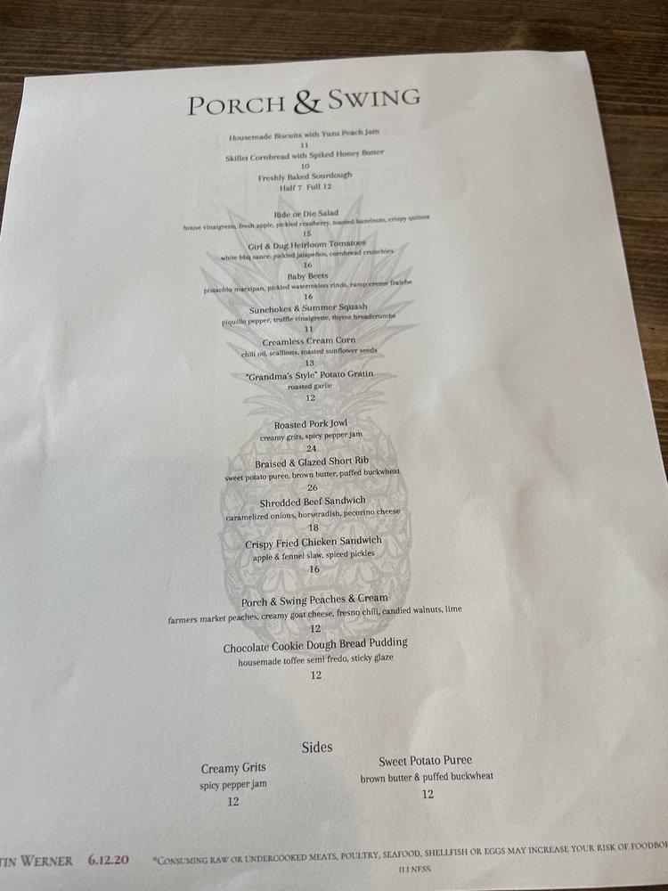 Menu at Porch & Swing pub & bar, Irvine