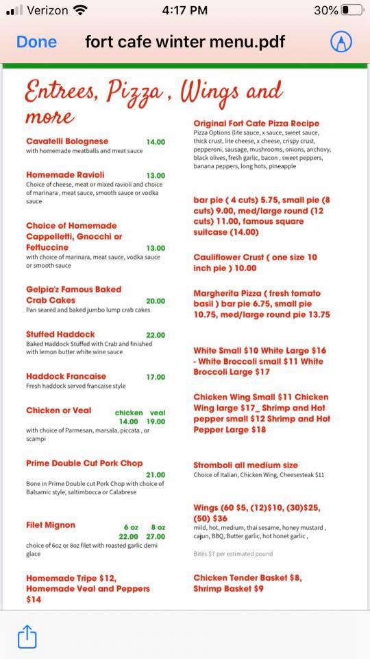 Menu at The Fort Cafe, Forty Fort