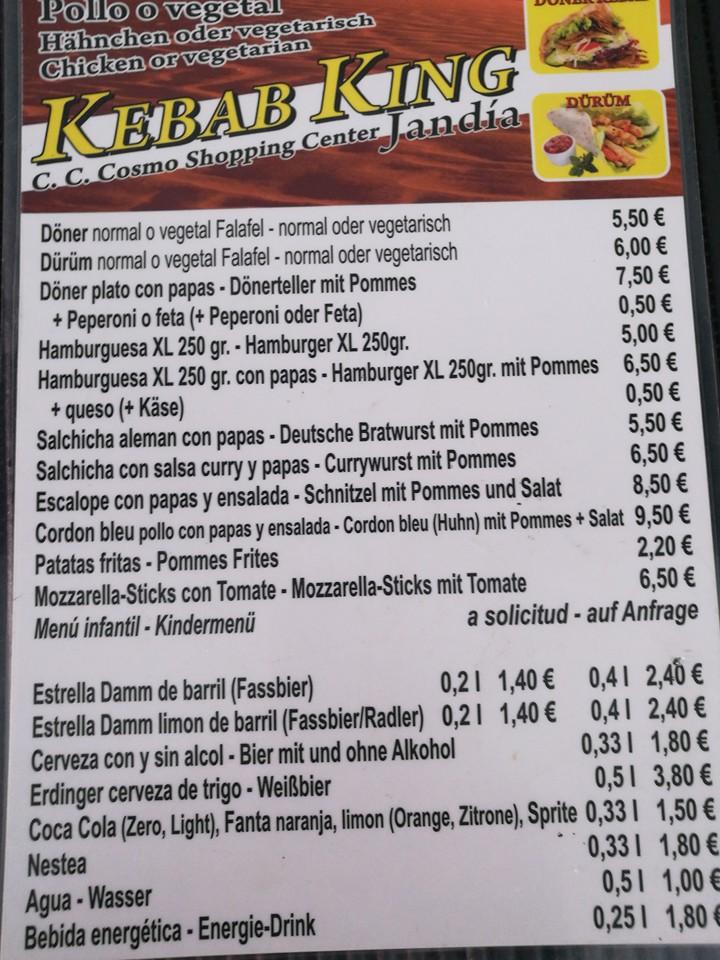 Menu at Kebab King restaurant, Morro Jable, Cosmo Center