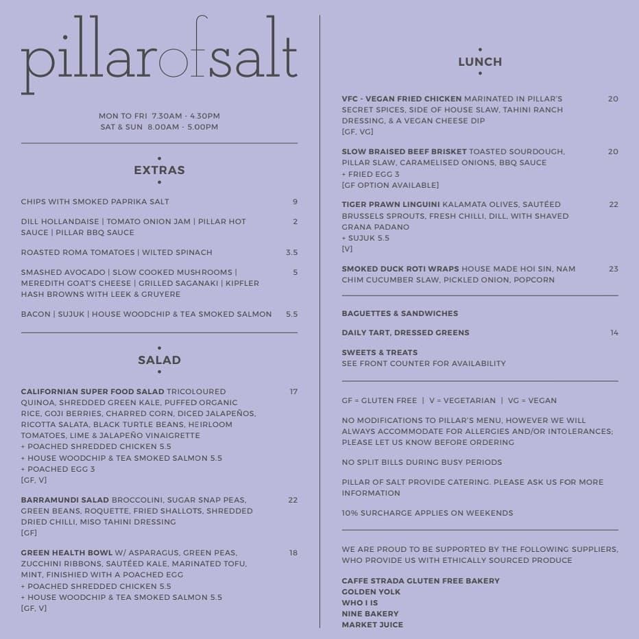 Menu at Pillar of Salt restaurant, Richmond