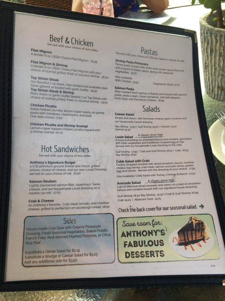 Menu at Anthony's Fish Grotto restaurant, La Mesa, Murray Dr