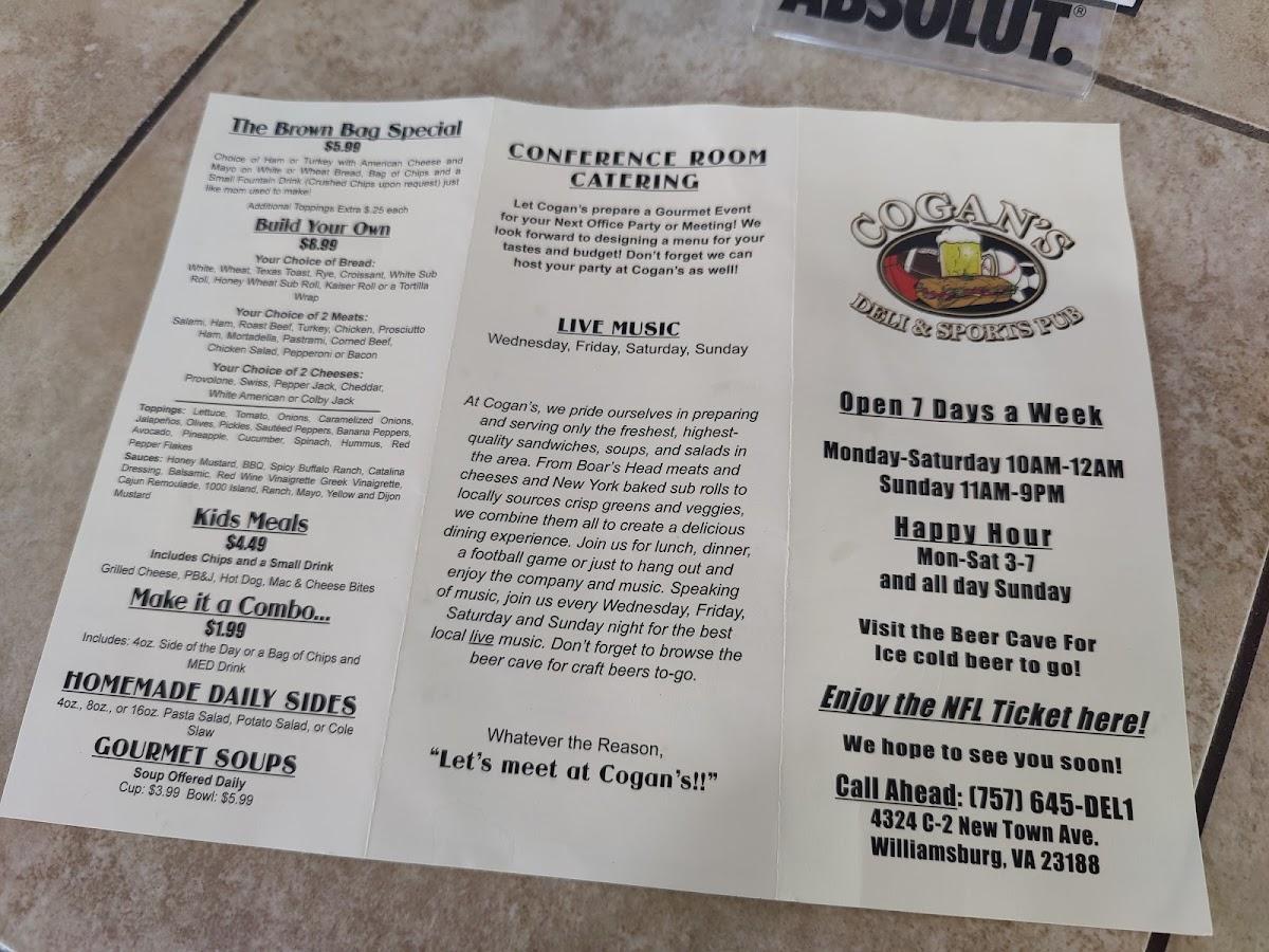 Menu at Cogan's Deli & Sports Pub, Williamsburg