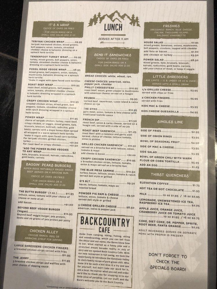 Menu at Back Country Cafe, Gunnison