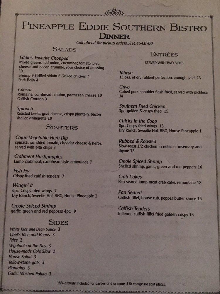 Menu at Pineapple Eddie Southern Bistro pub & bar, Erie