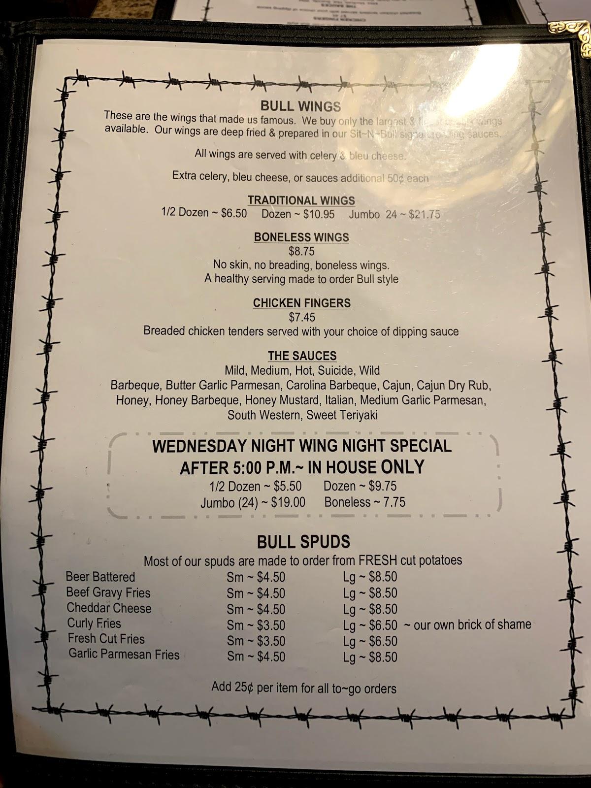 Menu at SitNBull Pub, Painted Post