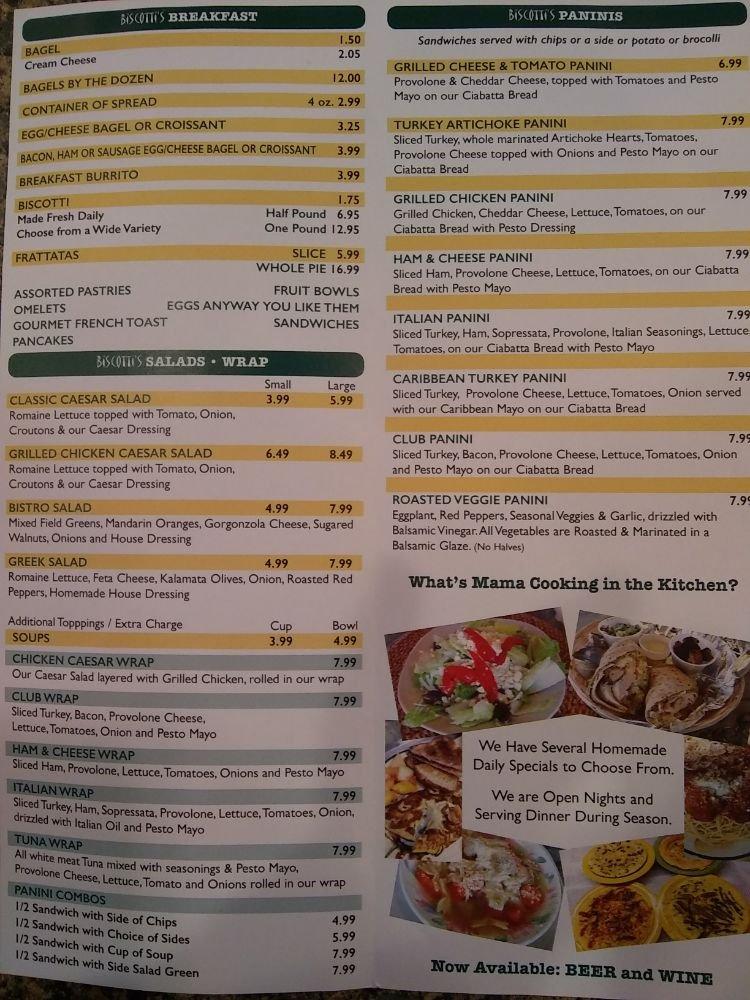 Menu at Biscotti's Cafe, Fort Myers