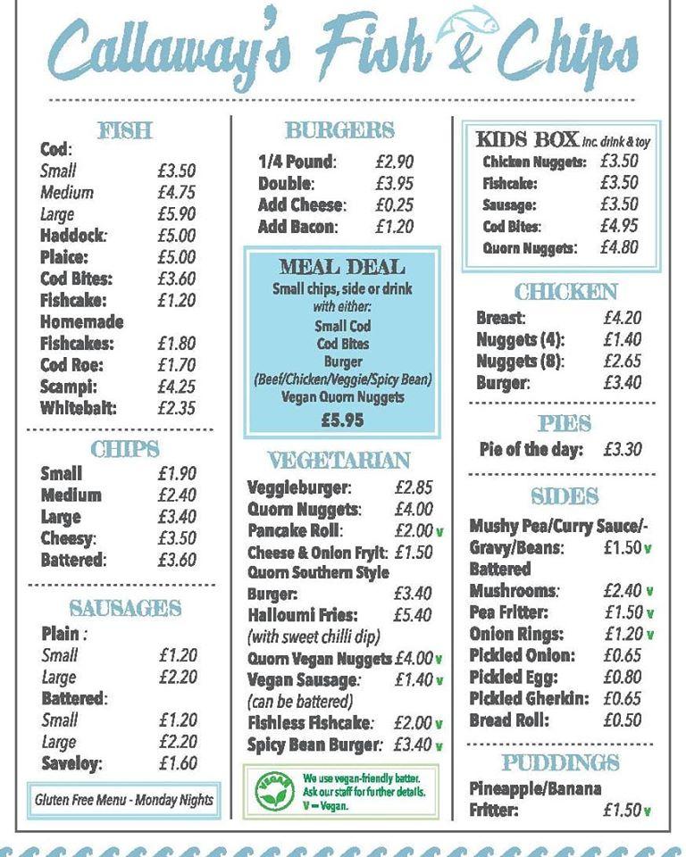 Menu at Callaway's Fish & Chips fast food, Dorchester