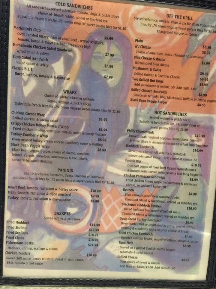 Menu at Marlintini's Grill restaurant, Blue Hill, 83 Mines Rd