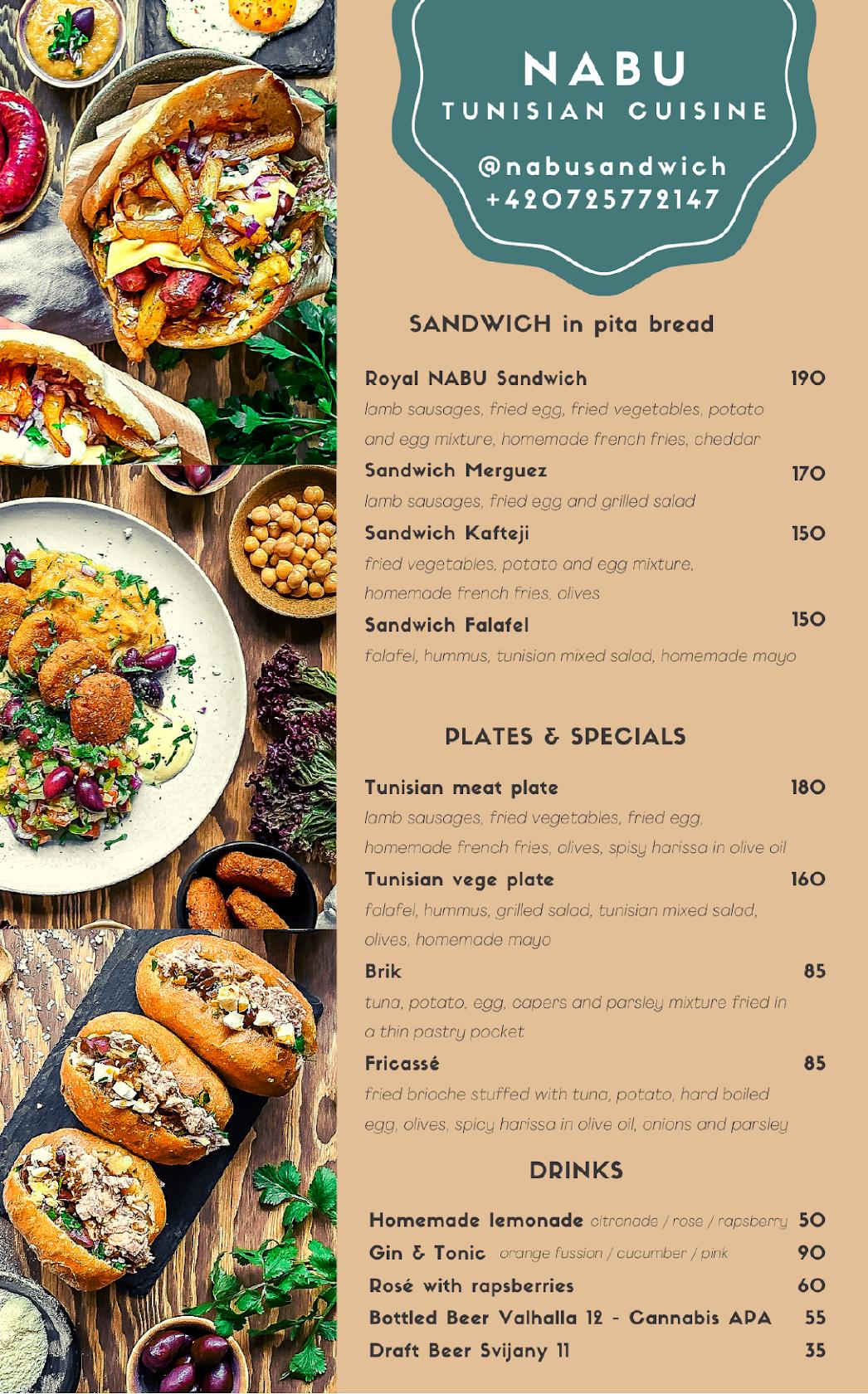 Menu at NABU Sandwich - Tunisian Street Food restaurant, Prague