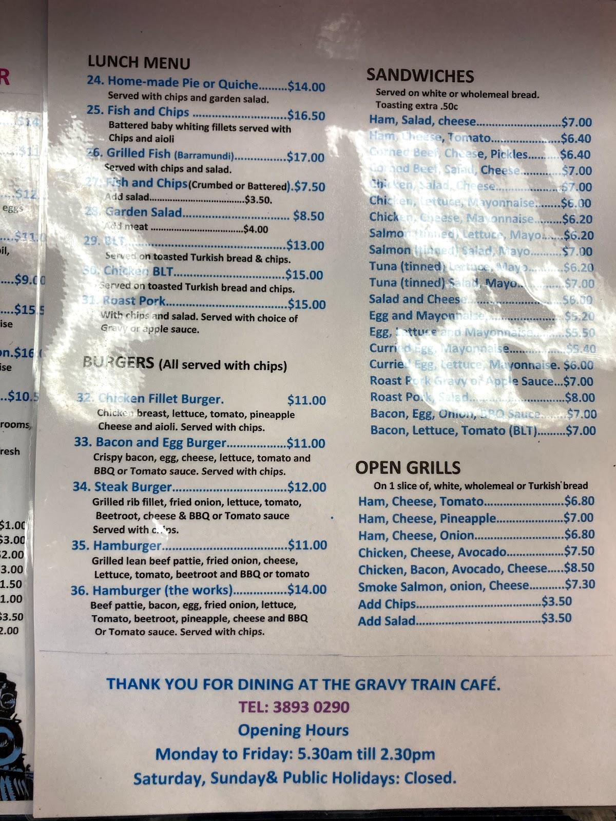 Menu at The Gravy Train Cafe, Wynnum