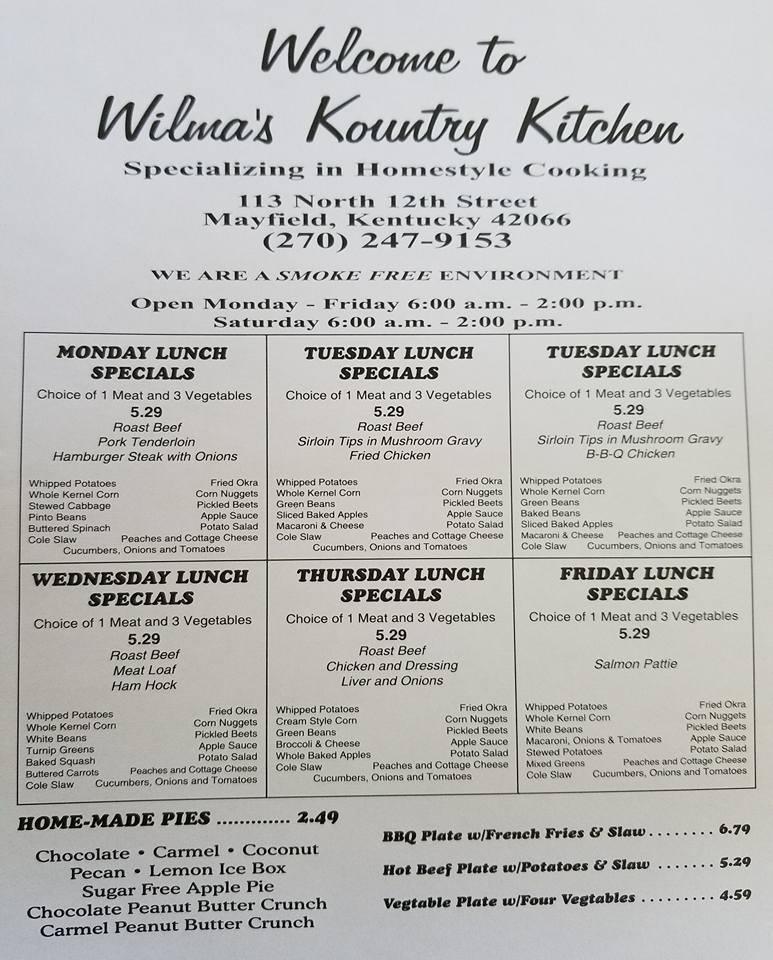 Menu at Wilma's Kountry Kitchen restaurant, Mayfield