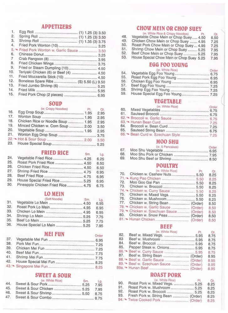 Menu at Hong Kong Wok restaurant, Hamilton