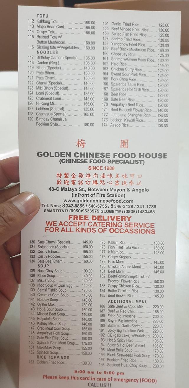 Menu at Golden Chinese Food House restaurant, Quezon City, 48C Malaya