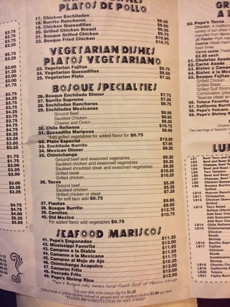 Menu at Pepe’s Bosque Mexican Grill restaurant, D'Iberville