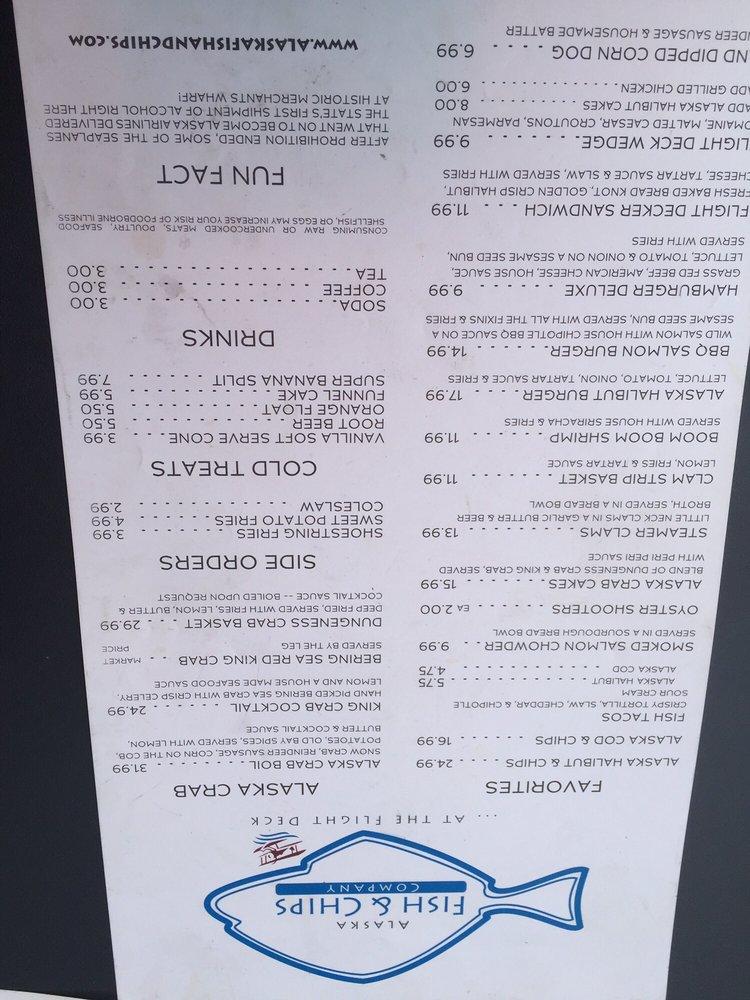Menu at Alaska Fish & Chips Company at the Flight Deck pub & bar