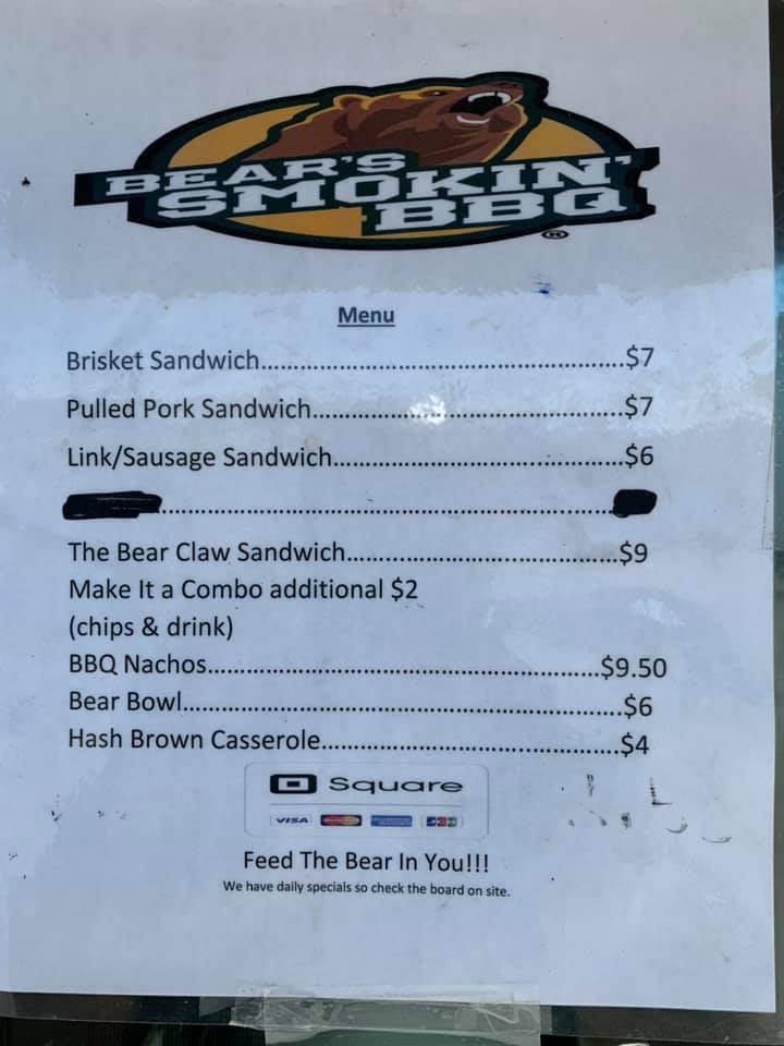 Menu at Bear’s Smokin’ BBQ, Denison