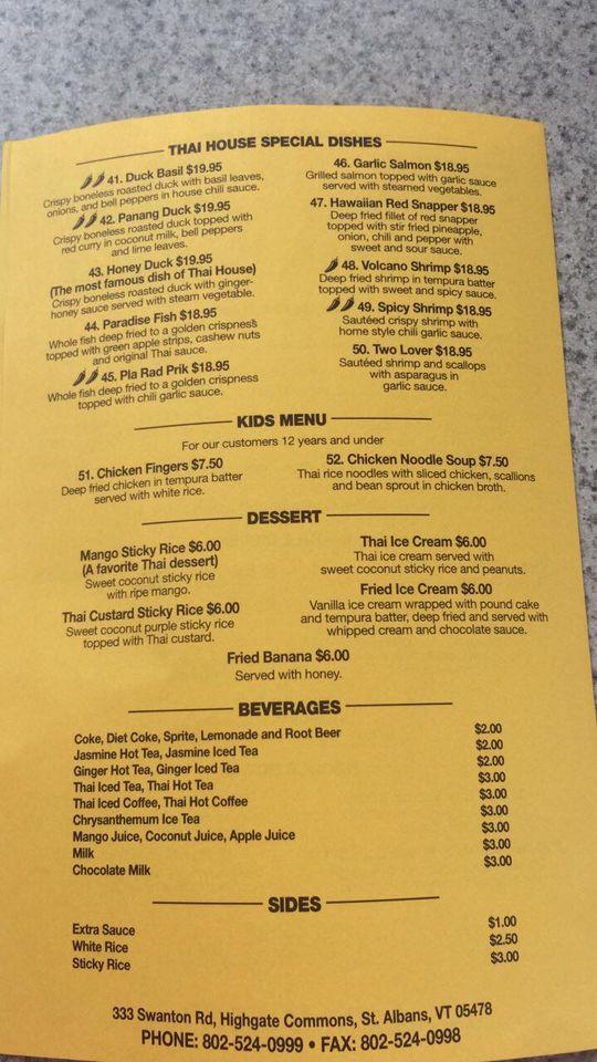 Menu at Thai House Restaurant, Saint Albans City, 333 Swanton Rd