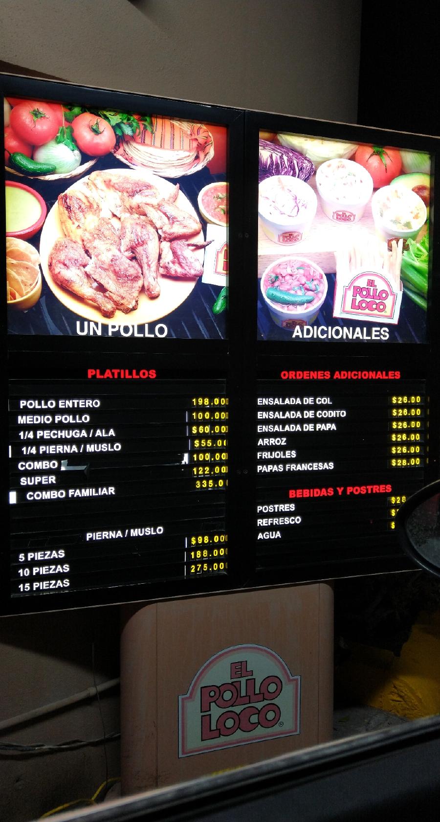 Carta del restaurante El Pollo Loco, Ciudad Río Bravo