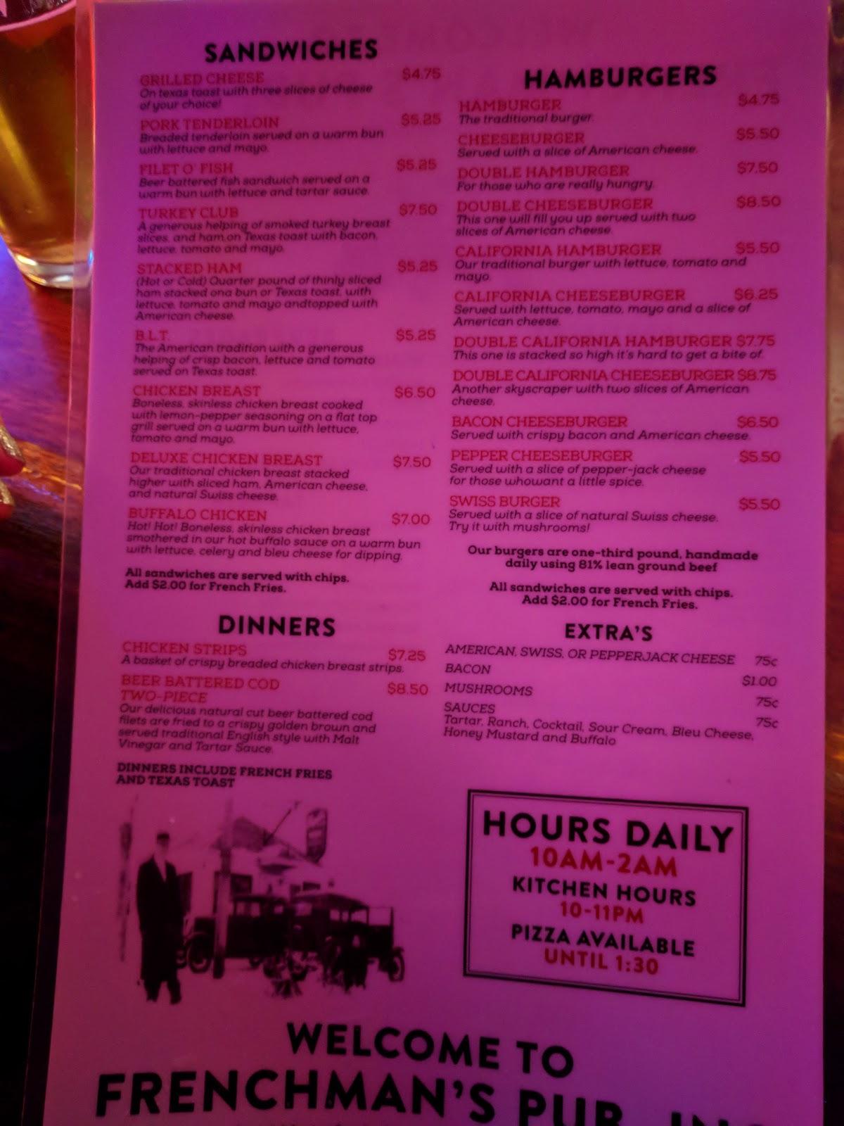 Menu at Frenchman's PubRichfield, Minneapolis
