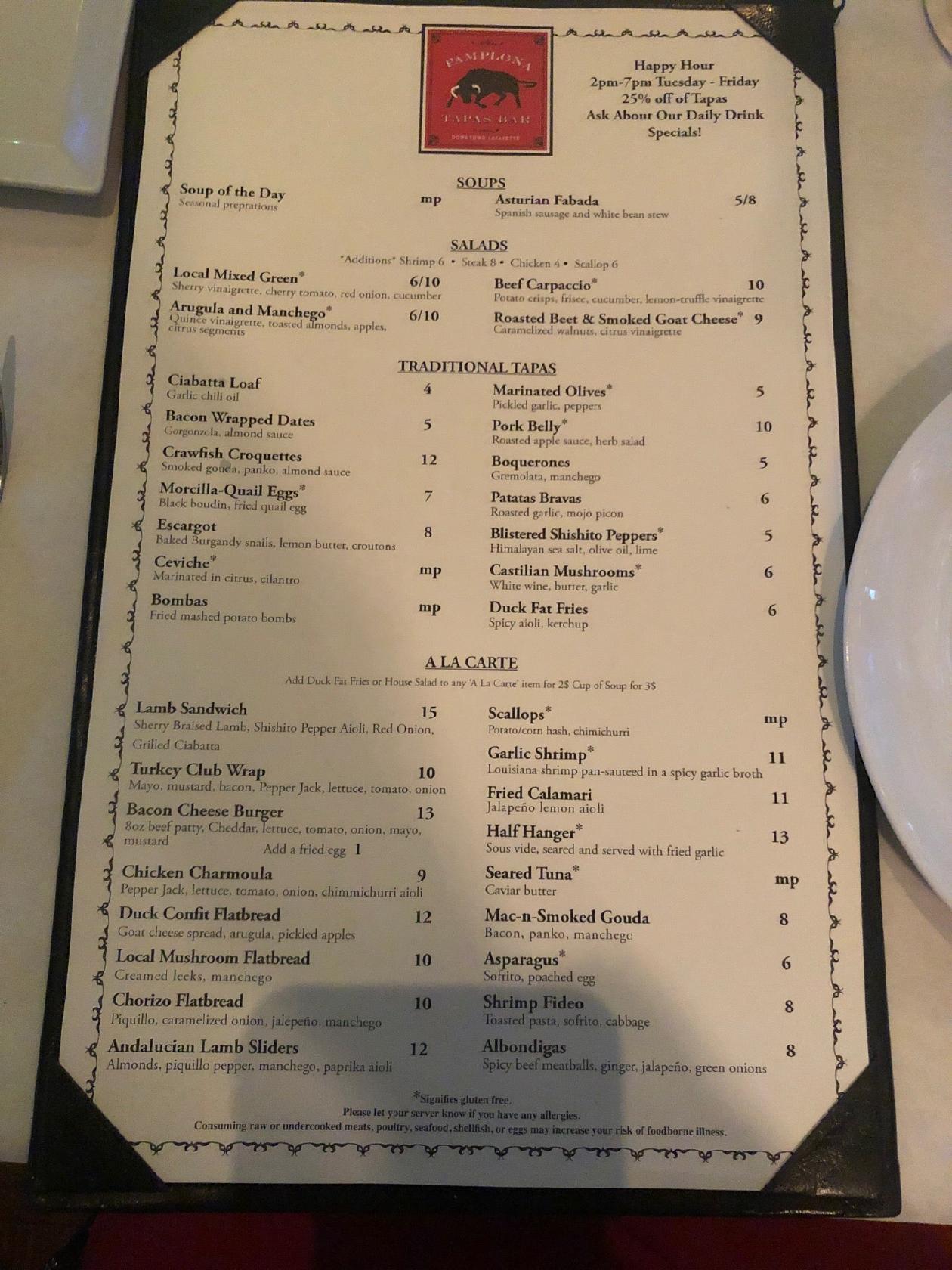 Menu at Pamplona Tapas Bar, Lafayette