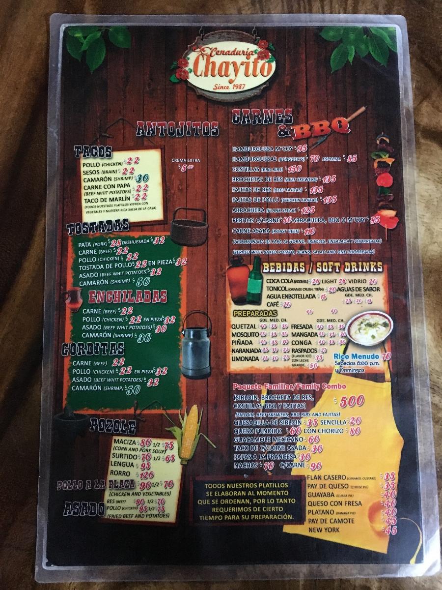 Carta del restaurante CHAYITO CENADURIA, Mazatlán, C. Tte. José Azueta 2407