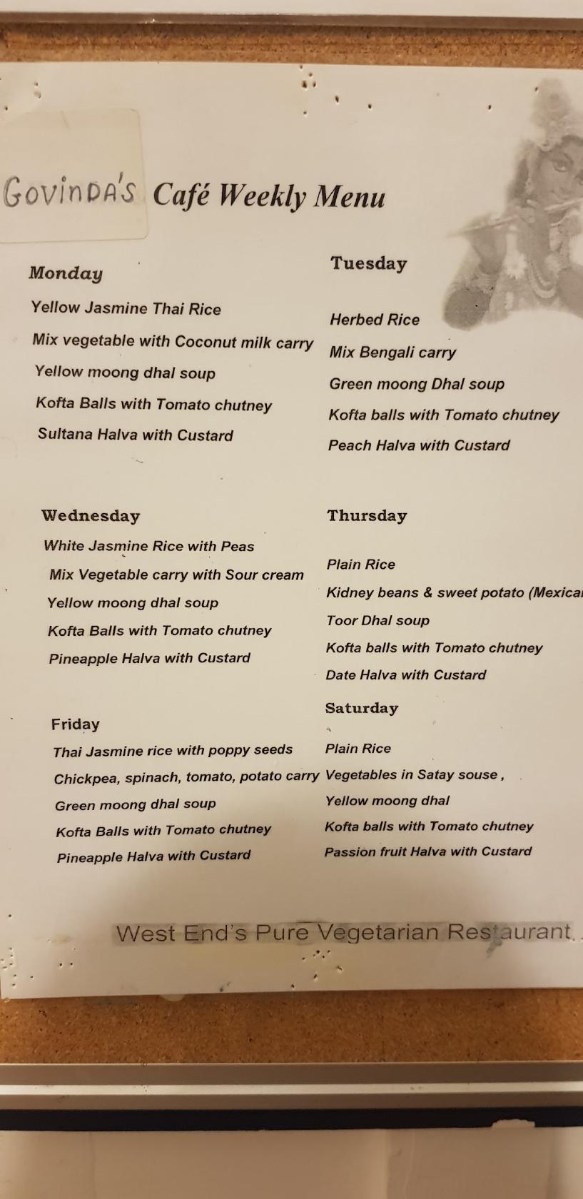 Menu at Govindas West End restaurant, Brisbane City, 82 Vulture St