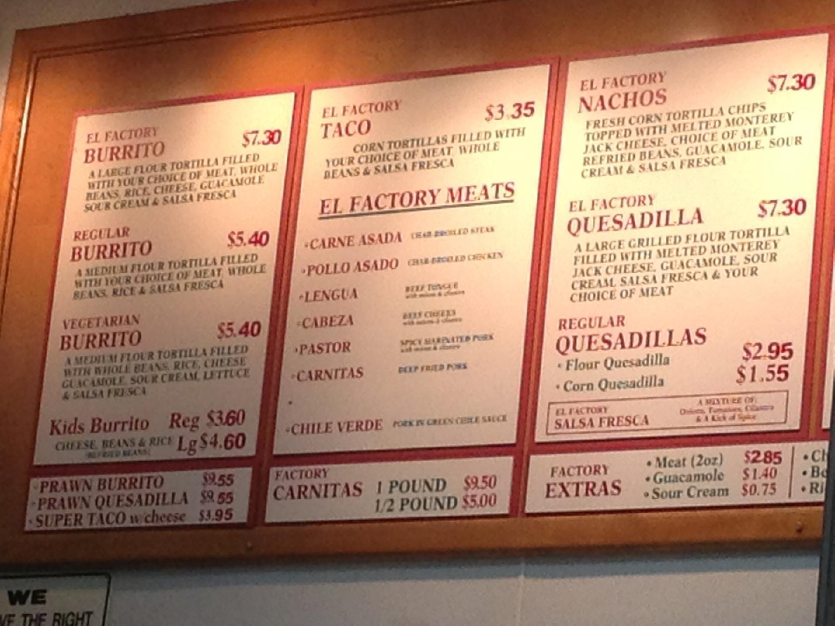Menu at El Taco Factory restaurant, Brentwood
